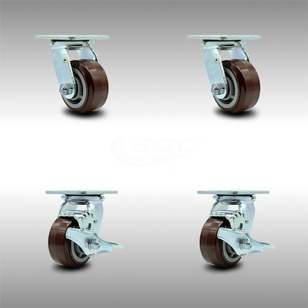 4 Inch Stainless Steel Polyurethane Swivel Caster Set With Ball Bearing 2 Brakes
